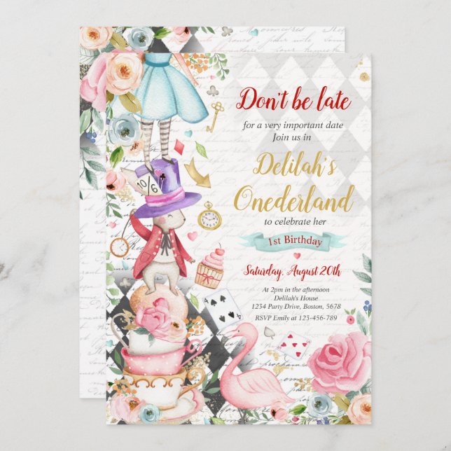 Invitación Alice In ONEderland Birthday Whimsical Tea Fiesta (Anverso / Reverso)