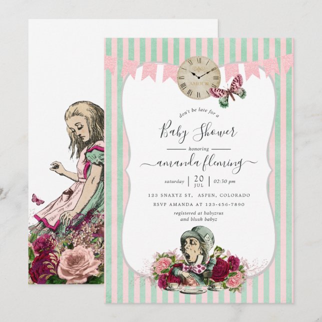 Invitación Alice In Wonderland Baby Shower (Anverso / Reverso)