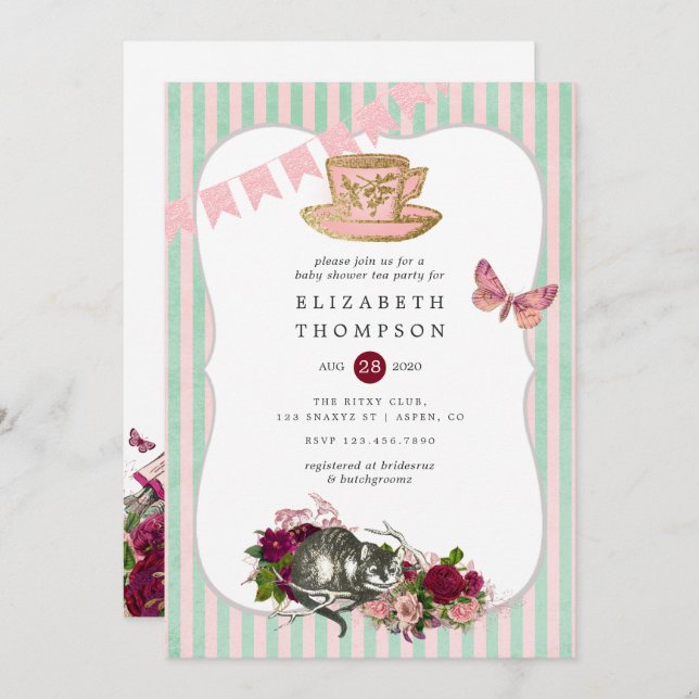 Invitación Alice In Wonderland Baby Shower Tea Fiesta (Anverso / Reverso)