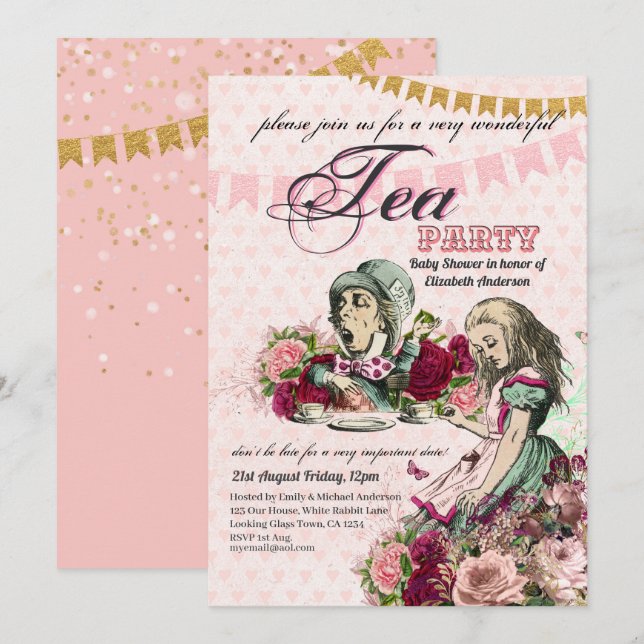 Invitación Alice In Wonderland BabyShower Mad Hatter Tea Fies (Anverso / Reverso)