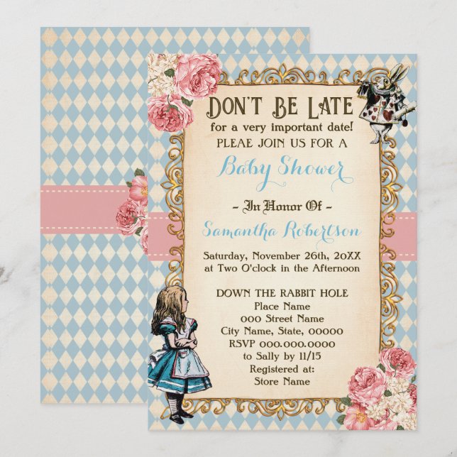 Invitación Alice in Wonderland Pink Flowers Baby Shower (Anverso / Reverso)