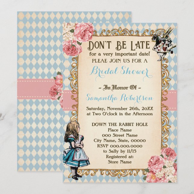 Invitación Alice in Wonderland Pink Flowers Bridal Shower (Anverso / Reverso)