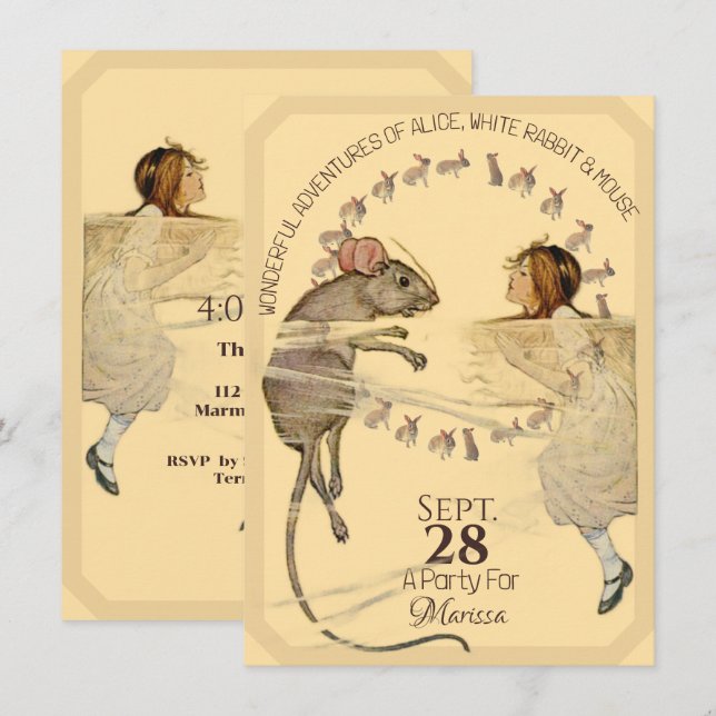 Invitación Alice in Wonderland Rabbit Mouse (Anverso / Reverso)