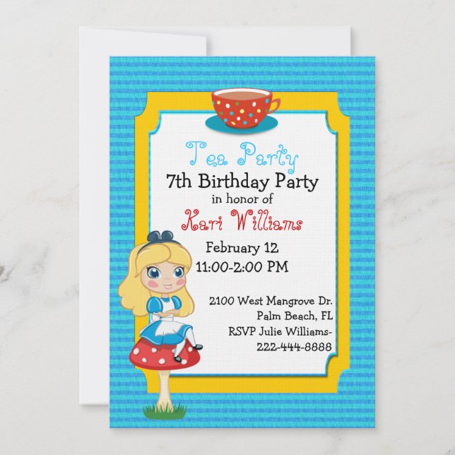 Invitación Alice In Wonderland Tea Fiesta Birthday Personaliz (Anverso)