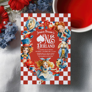 Invitación Alice Roja en ONEDERLAND Fiesta de Té de Cumpleaño
