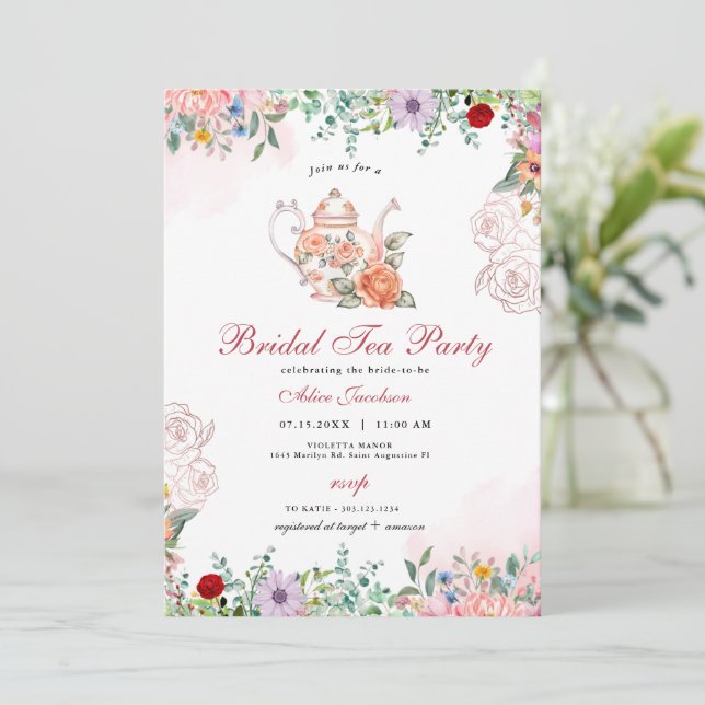 Invitación ALICE Rubor Floral Bridal Tea Fiesta Brunch Ducha (Anverso de pie)
