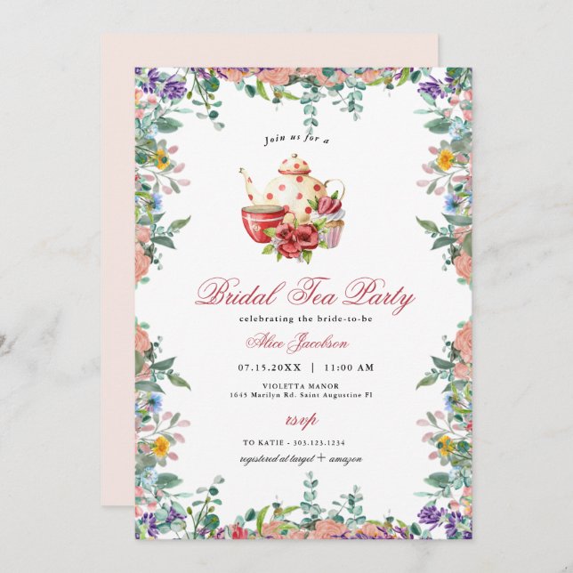Invitación ALICE Rubor Floral Bridal Tea Fiesta Brunch Ducha (Anverso / Reverso)