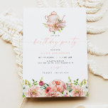 Invitación ALICE Rubor Spring Floral Tea Fiesta Cumpleaños<br><div class="desc">Esta invitación de cumpleaños incluye flores de acuarela de primavera y un bonito set de té. Esta invitación de cumpleaños es perfecta para cualquier grupo de edad.</div>