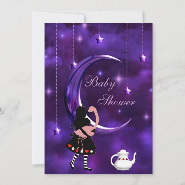 Invitación Alice y Flamingo Purple Moon Baby Shower (Anverso)