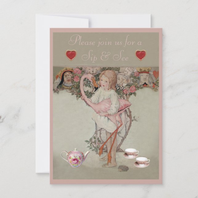 Invitación Alice y Flamingo Rosado Sip y ver Baby Shower (Anverso)