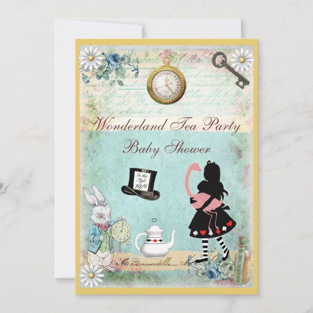 Invitación Alice y Flamingo Wonderland Baby Shower Tea Fiesta (Anverso)