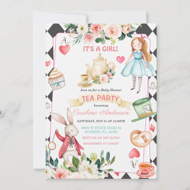 Invitación Alice y Rabbit Tea Fiesta Baby Shower (Anverso)