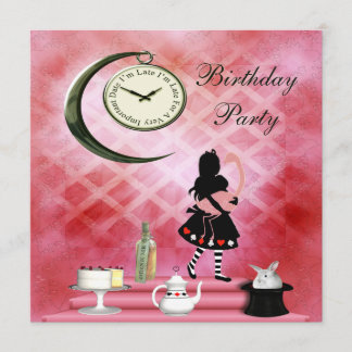 Invitación Alicia caprichosa y fiesta de cumpleaños rosada
