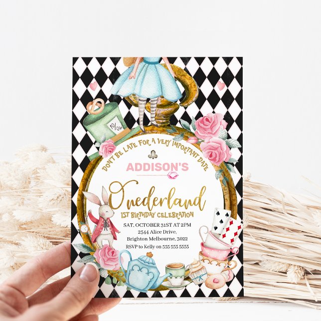 Invitación Alicia de Black Diamond Watch en Australia (Alice in Onederland 1st Birthday Invitation, Black Diamond Pattern, Large Watch, Alice One-derland)