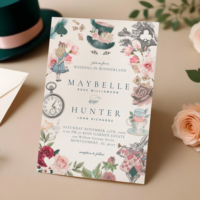 Invitación Alicia de cuento de hadas en el país de las maravi (Fairytale Alice in Wonderland Whimsical Wedding Invitation)