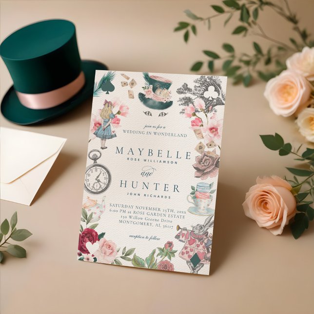 Invitación Alicia de cuento de hadas en el país de las maravi (Fairytale Alice in Wonderland Whimsical Wedding Invitation)