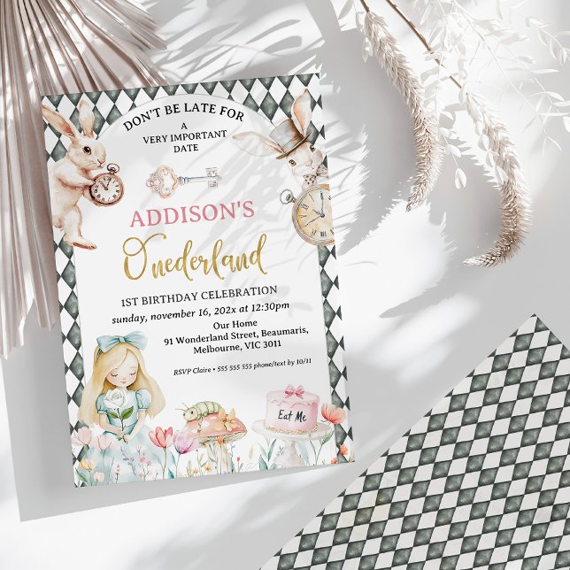 Invitación Alicia de Diamante de Gris Arco en el primer cumpl (Alice in Onederland 1st Birthday Invitation, White Rabbit, Watch, Onederland Birthday Invitation)