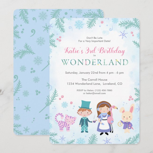 Invitación Alicia de Invierno en el cumpleaños de los Chicas  (Anverso / Reverso)