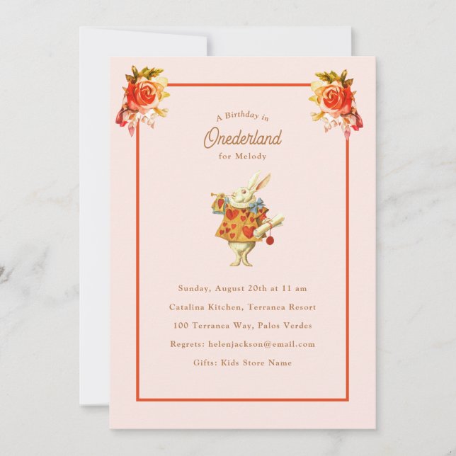 Invitación Alicia de la Heraldo de Conejo Blanco en el cumple (Anverso)