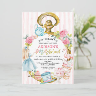 Invitación Alicia de observación rosa en el primer cumpleaños