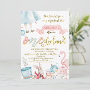 Invitación Alicia de oro rosa azul en el primer cumpleaños de
