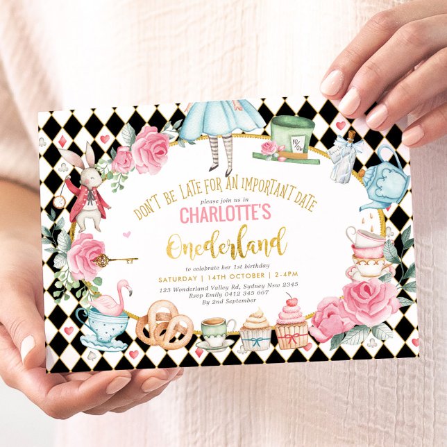 Invitación Alicia de oro rosa negro en el té de cumpleaños de (Subido por el creador)