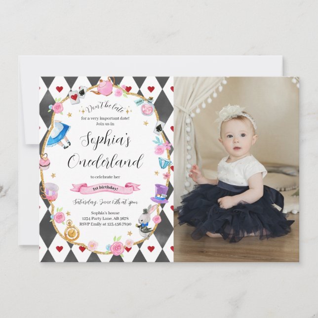 Invitación Alicia en Australia 1er cumpleaños foto negra (Anverso)