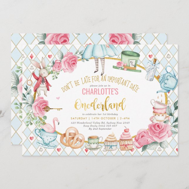 Invitación Alicia en Australia Fiesta de té de cumpleaños azu (Anverso / Reverso)