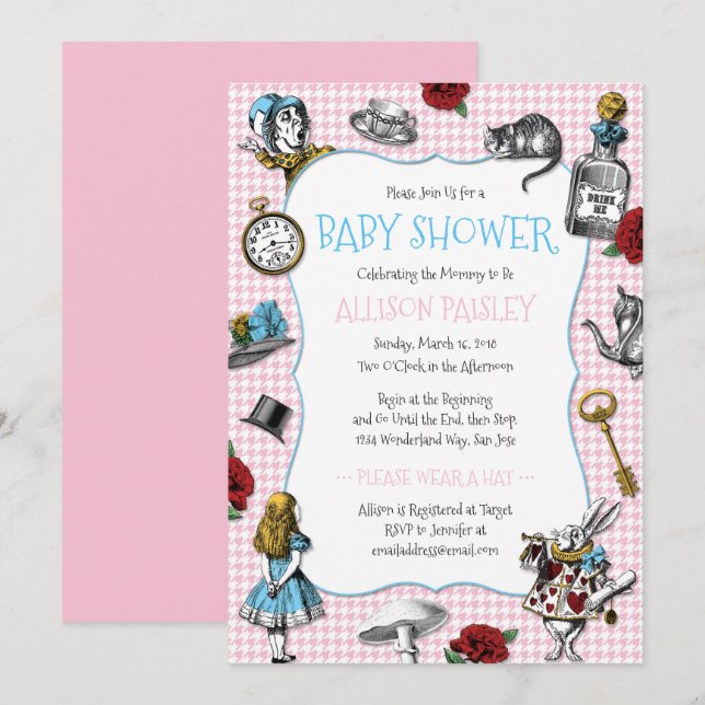 Invitación Alicia en Baby Shower con la cabina de las maravil (Anverso / Reverso)
