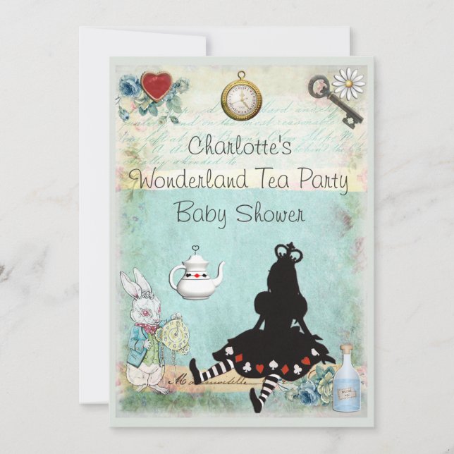 Invitación Alicia en Baby Shower, Fiesta de té de la tierra d (Anverso)