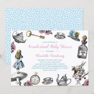 Invitación Alicia en el Baby Shower del punto del polka azul 