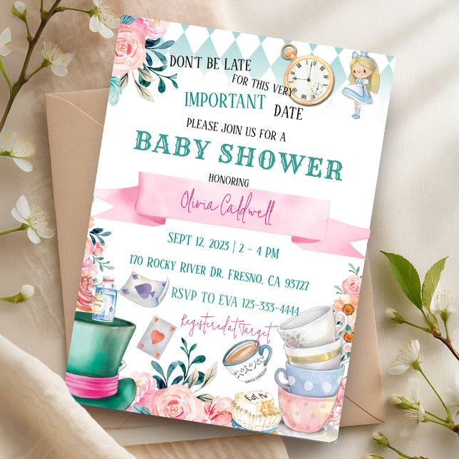 Invitación Alicia en el Baby Shower Fiesta de té de la tierra (Alice in Wonderland Tea Party Baby Shower Invitation)