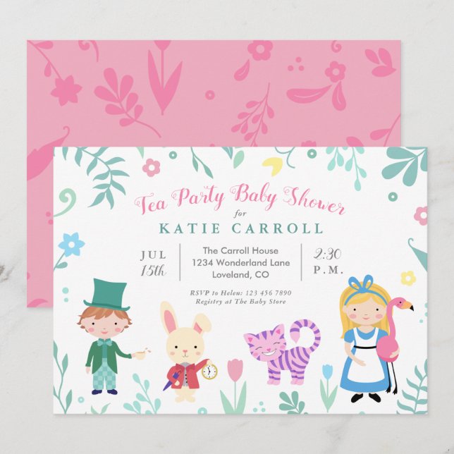 Invitación Alicia en el Baby Shower Fiesta de té de la tierra (Anverso / Reverso)