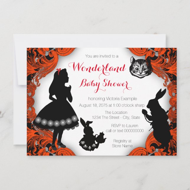 Invitación Alicia en el Baby Shower negro rojo del país de la (Anverso)