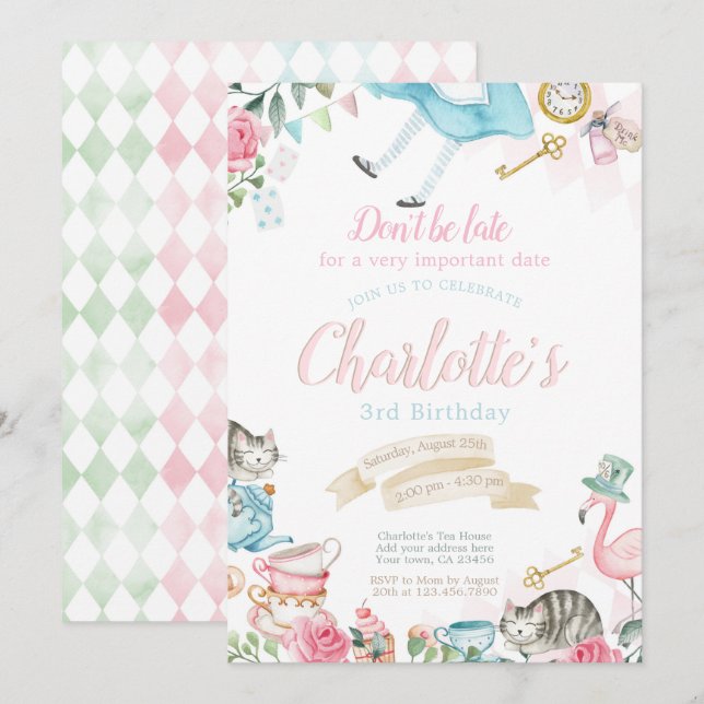 Invitación Alicia en el cumpleaños del país de las maravillas (Anverso / Reverso)