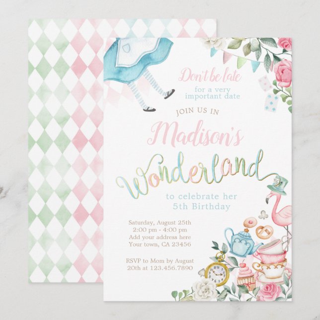 Invitación Alicia en el cumpleaños del país de las maravillas (Anverso / Reverso)