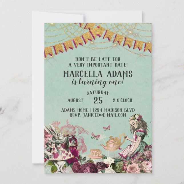 Invitación Alicia en el cumpleaños del país de las maravillas (Anverso)