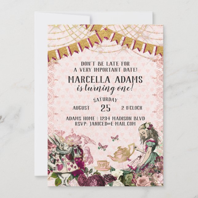 Invitación Alicia en el cumpleaños del país de las maravillas (Anverso)