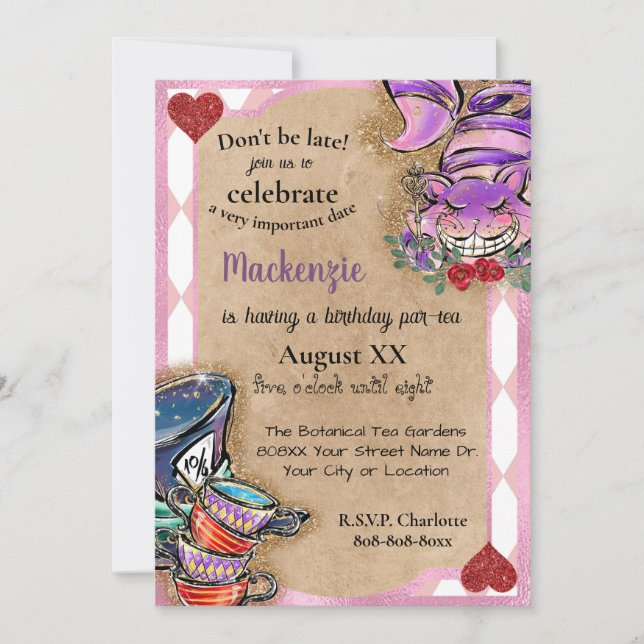 Invitación Alicia en el Fiesta del té rosado de la tierra de  (Anverso)