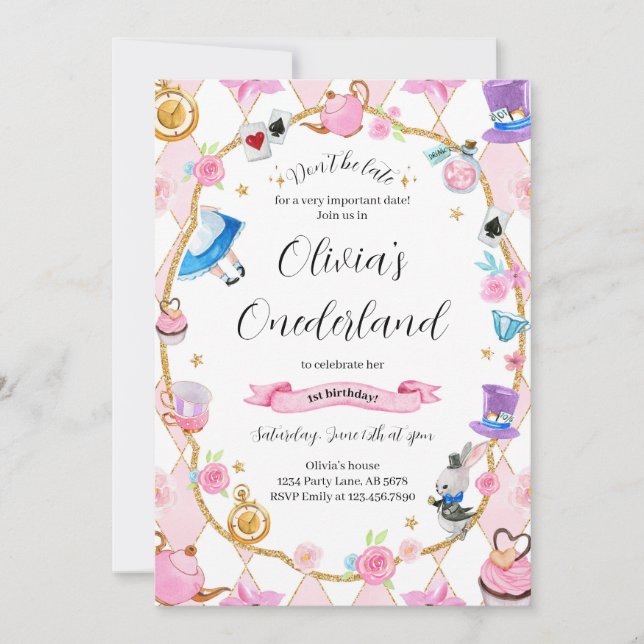 Invitación Alicia en el Onederland Primer cumpleaños Rosa (Anverso)