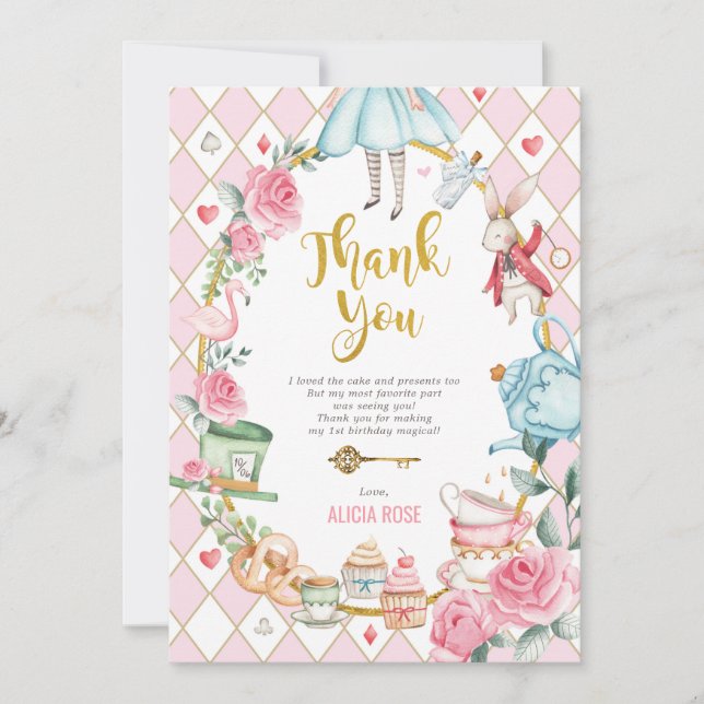 Invitación Alicia en el país de las maravillas carta de agrad (Anverso)