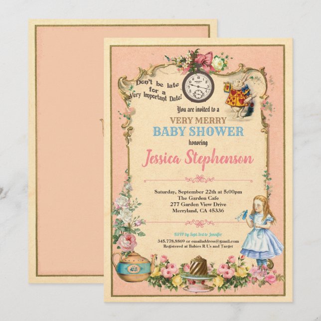 Invitación Alicia en el país de las maravillas, con una ducha (Anverso / Reverso)