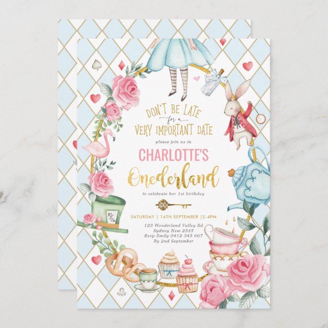 Invitación Alicia en el país de las maravillas Fiesta del té  (Anverso / Reverso)