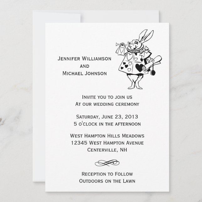 Invitación Alicia en la boda moderna blanca negra del país de (Anverso)