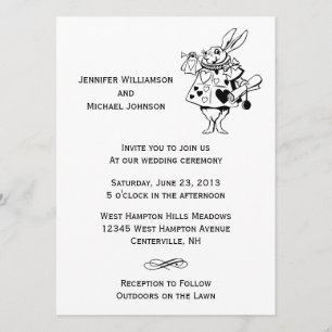 Invitación Alicia en la boda moderna blanca negra del país de