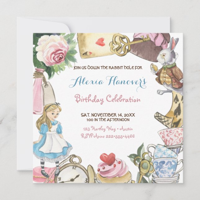 Invitación Alicia en margarita acuarela de maravilla (Anverso)