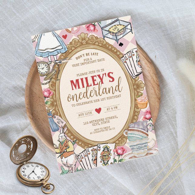 Invitación Alicia en ONEDERLAND 1er cumpleaños Fiesta de té v (Alice in ONEderland, vintage, whimsical 1st birthday invitation)