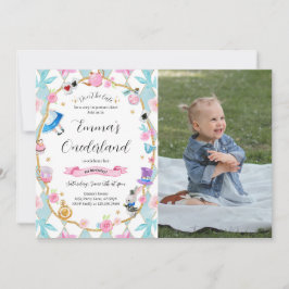 Invitación Alicia en Onederland 1er cumpleaños foto azul