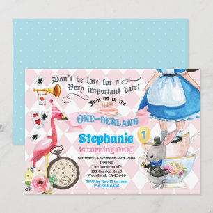 Invitación Alicia en ONEderland cumpleaños fiesta rosa