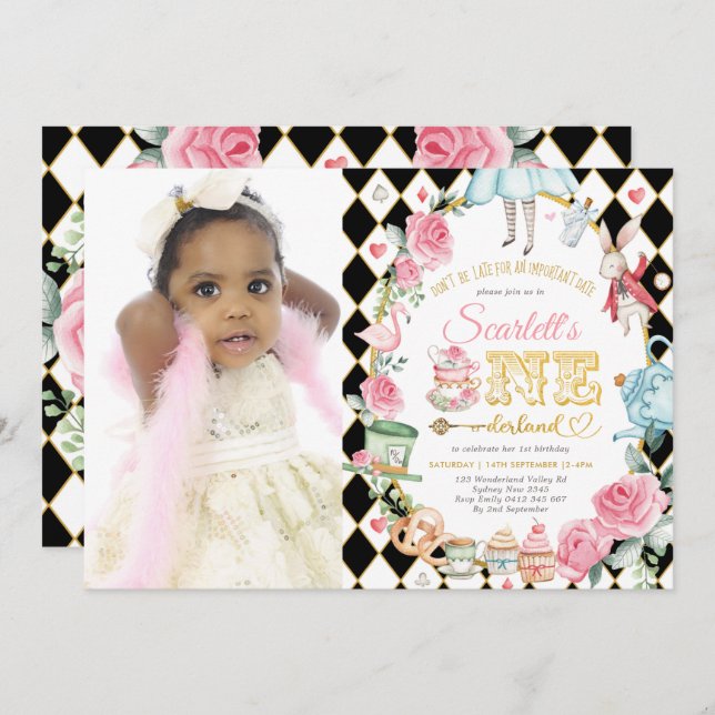 Invitación Alicia en ONEderland Fiesta de té malo (Anverso / Reverso)